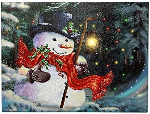 BANBERRY DESIGNS Light Up Snowman Canvas Print LED Lighted Christmas Wall Hanging Snowman with a Black Top Hat and a Red Scarf Holding a Lantern - Winter Holiday Scene Wall Art
