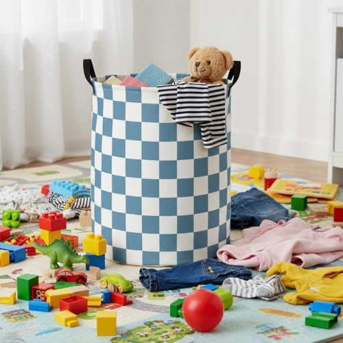 Image of Baby Laundry Hamper Basket Baby Hamper for Nursery Boy and Girl Cute Storage Bin Organizer Boho Room Decor(Blue Checkered)