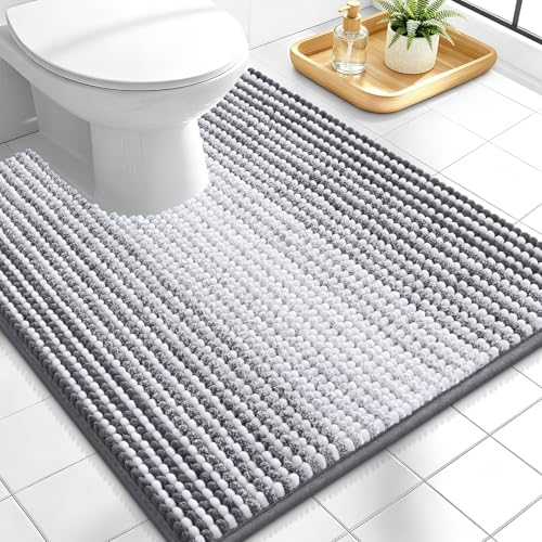 Image of OLANLY Toilet Rugs U-Shaped 24x20, Extra Soft Absorbent Chenille Striped Contour Bathroom Rugs for Toilet, Dry Quickly, Machine Washable, Non-Slip Bath Mat, Grey