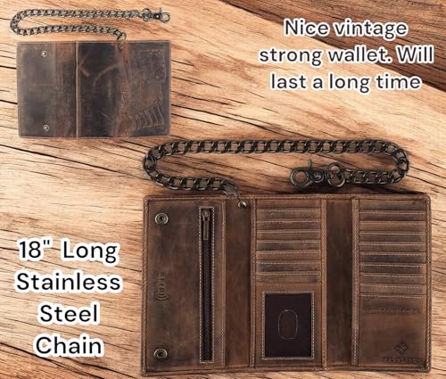 Image of F&L CLASSIC RFID Blocking Mens Tri-fold Long Style Cowhide Leather Steel Chain Wallet,brown eagle /flag,212-101