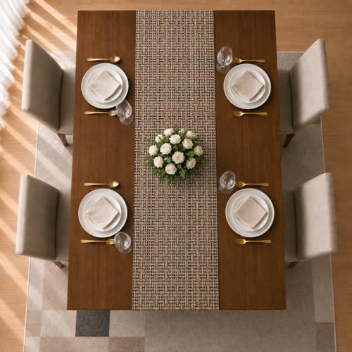 Image of STITCHNEST 'Nomad Weave Collection' Jacquard Table Runner 13x60 Inches| Tassel Finish | Modern Dining Table Decor