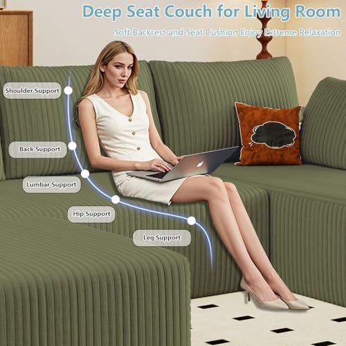 Image of 96 inch Boneless Cloud Sectional Couch Modular Sofa with Ottoman | Modern U-Shaped Couches, Comfy Corduroy Memory Foam Sofas with Oversized Chaise for Living Room (Green,Right-Facing Chaise)