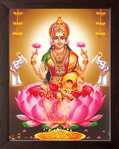 Art n Store: Póster de la diosa de la riqueza, Maa Laxmi Showering Money, impresión en alta definición, religiosa y decorativa, con marco marrón (30 x 23,5 x 1,5 cm, madera marrón)