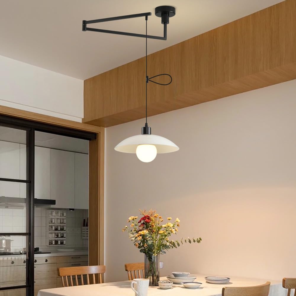 Suspension à Bras articulé réglable, Style Industriel Nordique, Noir et Blanc, Grand Format, idéale pour îlot de Cuisine, Salle à Manger, Maison de Campagne ou café.