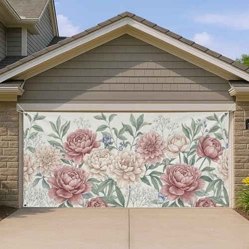 Cubierta floral para puerta de garaje, diseño vintage de peonías, melocotón y crema, decoración para puerta de garaje grande, decoración del hogar para primavera y verano, 157 x 71 pulgadas