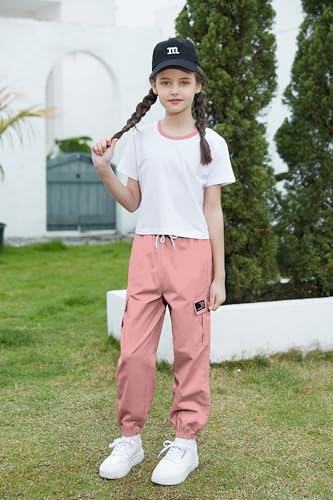 Image of Betusline Girls 2 Piece Summer Outfits,Kids Casual Short Sleeve Crop Top & Cargo Jogger Pants Sets,4T-14Y