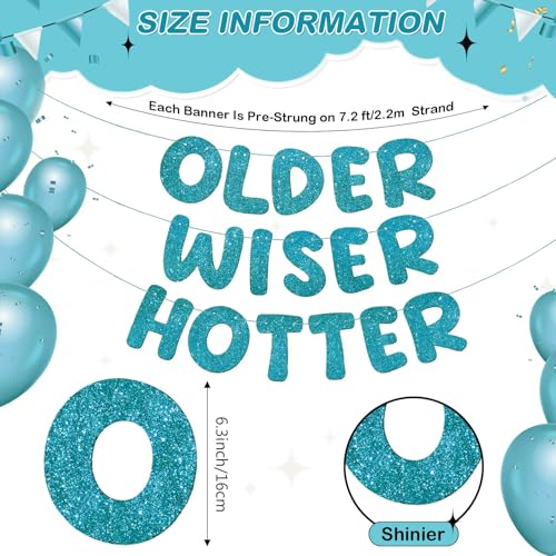 Image of Fulmoon Set of 3 Pre Strung Older Wiser Hotter Glitter Banner Funny Birthday Banner for Women 30th 40th 50th 60th 70th 80th Birthday Party Decorations Sign Gift(Teal)