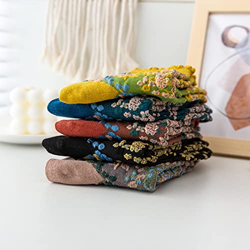 Image of DXYAKY 5 Pairs Womens Floral Cotton Socks Vintage Patterned Crew Socks Novelty Ankle Ruffled Warm Casual Dress Socks