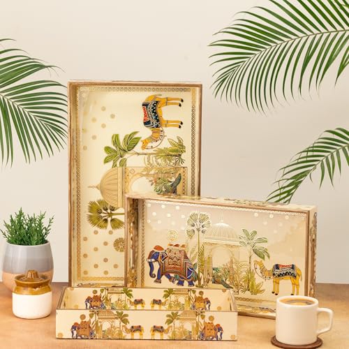 Image of Wooden Serving Tray with Gold Engraving | Set of 3 | Size : 16 x 10 inch, 14 x 8 inch & 12 x 6 inch | Enamel Coated Waterproof | Rectangular | Decorative Trays | Royal Camel Set