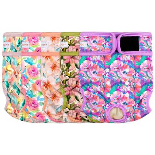 Image of Langsprit Female Dog Diapers for Doggie Puppy,Reusable Dog Period Diapers Female for Heat Peeing,Small Medium Large Doggy Diaper Washable,Dogs Pants 5 Pack, Vibrant Flowers, X-Large