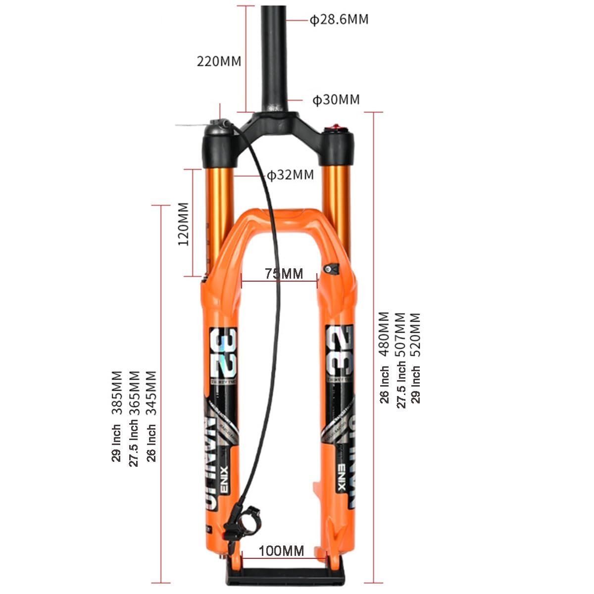 Horquilla Delantera para Bicicleta de montaña MTB con Tubo Recto de 1-1/8", suspensión neumática, 26", 27.5", 29", Recorrido, 100 mm QR, 100 × 9 mm, Freno de Disco de liberación r