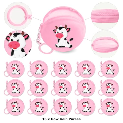 15 Pack Cow Coin Purse with Zipper Keychain,Wallet Bag Party Favors for Cow Birthday Party Decoration,Farm Animal Themed Baby Shower,School Carnival Rewards,Travel,Classroom Prize2