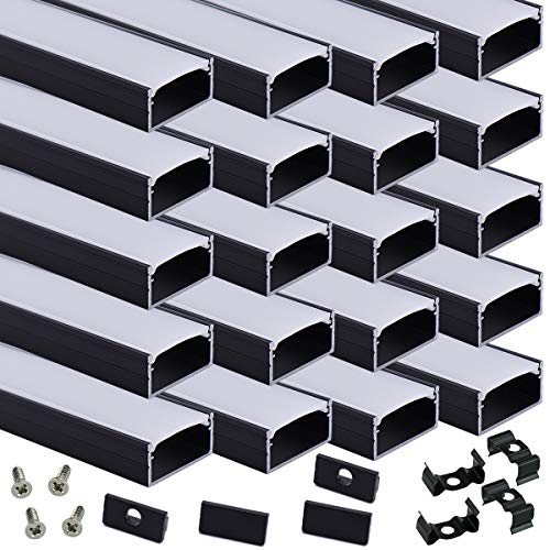 Muzata 2M ブラックLEDチャンネルシステム ミルキーホワイトカバー付き 16mmスーパーワイドアルミ押出プロファイル トラックディフューザー テープストリップライトフィリップス色相プラス用 U字型 6.6フィート U102 BW 2M LU2 LP1 L2M