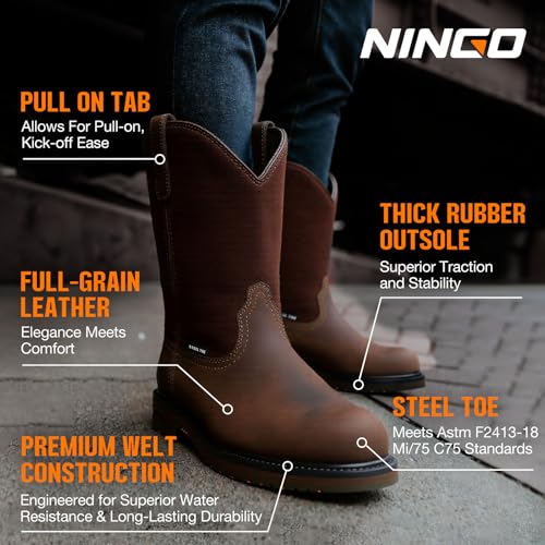 NINGO Men's Steel Toe Work Boots, Waterproof Wellington Boots with Full Grain Leather, Pull-On Design Non Slip Work Shoes, EH Protection for Industrial, Agriculture2