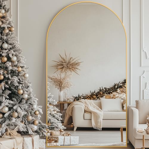 Image of Antok 82 inch x44 inch Arched Full Length Floor Mirror, Gold Aluminum Frame, Free Standing /Wall Mount /Leaning for Bedroom, Living Room, Dressing Room