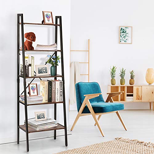 TOOCA 5-Tier Ladder Shelf Wood Multipurpose Utility Open Back Industrial Leaning Ladder Bookshelf Design Premium Quality Easy Assembly Shelf Storage for Living Room Bedroom Kitchen Home Office Balcony