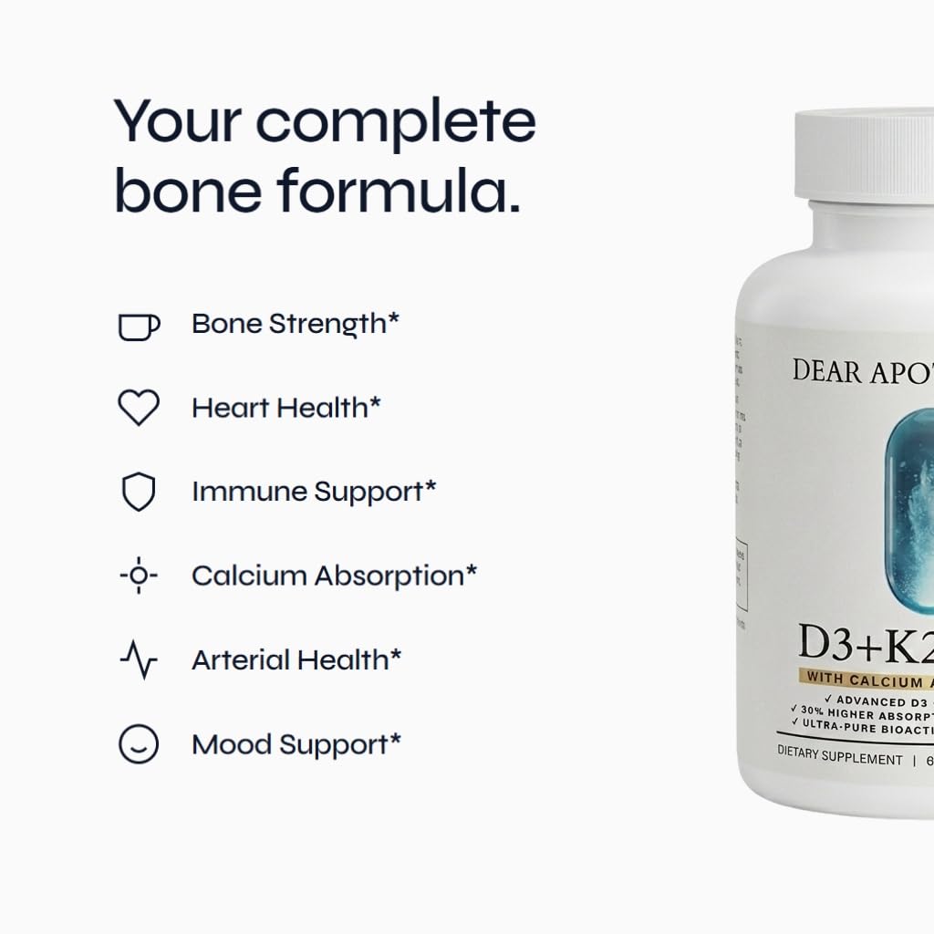 D3+K2 Max Vitamin D3 125mcg + K2 MK-7 100mcg with Calcium 210mg & BioPerine - Bone, Heart & Immune Support - Non-GMO, Gluten Free - 60 Capsules. K2 D3, D3 K2 by Dear Apothecary — Amazon image 2