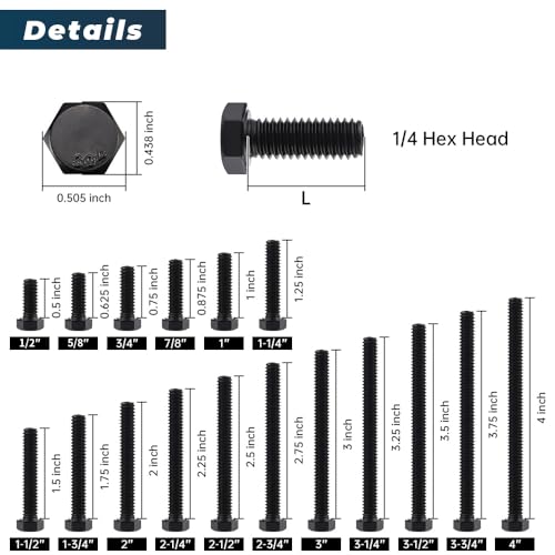 Image of Glvaner 1 /4-20 x 4 Stainless Steel Hex Head Screws Bolts, Black Coated, 304 Stainless Steel 18-8, Hexagon Head Bolts, Full Thread, 12 pcs