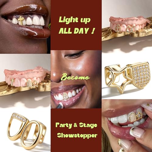 UBGICIG 6Pcs Dental Grillz, Single Grills for Your Teeth, Gold Plated Tooth Cap Fake Grill, Diamond Grillz Teeth for Men Women, Vampire Faux Halloween Top Teeth Kit, Hip Hop Jewelry with Molding Bars3