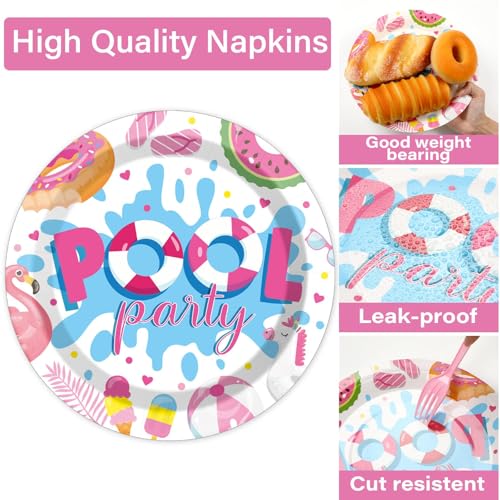 Image of Qyeahkj 100 Pcs Summer Pool Party Plates and Napkins Set Pink Swimming Pool Party Decorations Supplies Beach Disposable Paper Tableware Dinnerware Favors Birthday Shower Serves 25