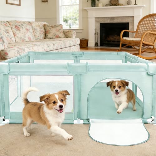 Parc pour Chiens et Chiots avec Porte et Ventouses en TPR, Enclos Intérieur en Tissu Oxford et Filet Nylon, pour Petits et Moyens Animaux (Vert, 120x120 cm)