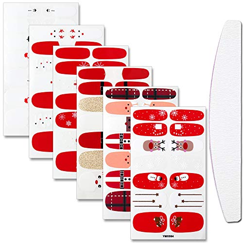 WOKOTO 6 Sheets Christmas Adhesive Nail Art Polish Stickers Strips Set With 1Pc File Deer Snow Manicure Nail Wraps Decals