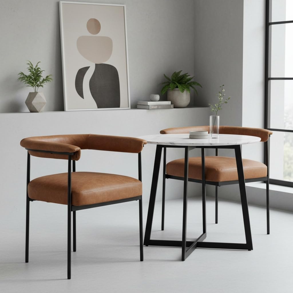 LukeAlon PU Leather Dining Chairs Set of 2, Upholstered Open Back Kitchen Chair with Black Metal Legs Curved Backrest Dinner Chairs Simple Side Chair