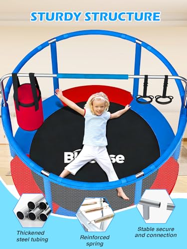Image of BLUERISE 55IN 6FT Indoor /Outdoor Toddler Trampoline for Kids | Galvanized Steel Pipe,Multiple Activity Accessories,110lb,Safety Enclosure,Basketball Hoop,No-Gap Design,Anti-Rollover Bottom
