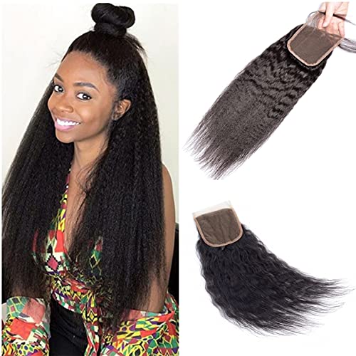 Brazilian Kinky Straight 4x4 Lace Closure 100% Unprocessed Human Virgin Hair Pre Plucked Coarse Italy Yaki Pre-Plucked Hairline Frontal Closure Natural Black With Baby Hair (16inch, ks yaki closure)