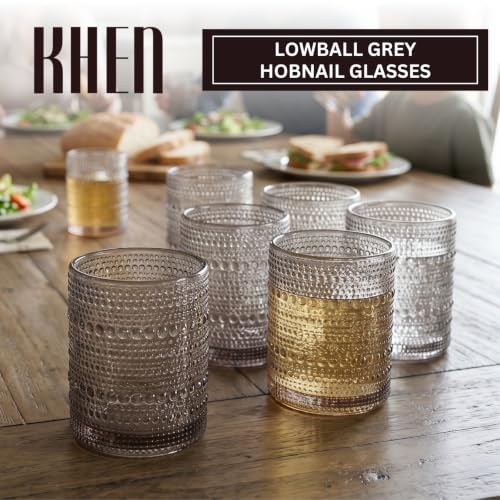 Image of Khen Beaded Tumbler Drinking Glasses Set | Set of 6 | Vintage Hobnail 11 OZ Bubble Design Whiskey Glassware, Old-Fashioned, Embossed Design Glass for Water, Wine, Cocktail HAND WASH ONLY (Grey)