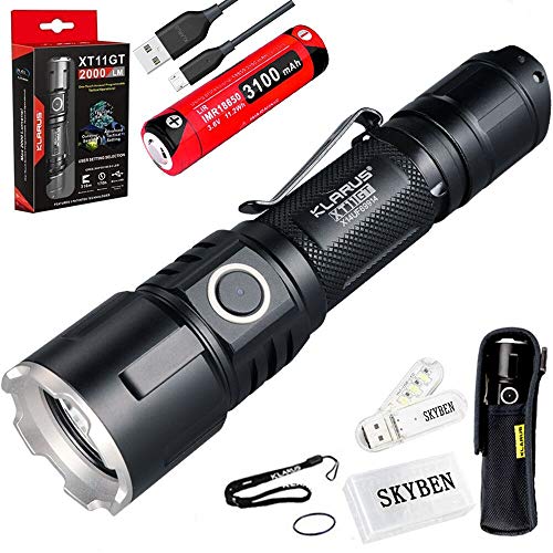 Klarus XT11GT 2000 Lumens CREE XPH35 HD E4 LED 18650 Tactical USB Rechargeable Flashlight with 1x 3100mah Battery,USB Charging Cable,Holster,O-ring and SKYBEN USB Light and Battery Case(XT11GT)