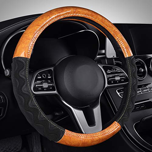Coverado Cubierta del Volante, diseño de Grano de Madera con Palmas de Masaje con Orificio de Panal en 3D, Ajuste Universal de para la mayoría de los Camiones SUV, 37-39cm /15', Negro y marrón