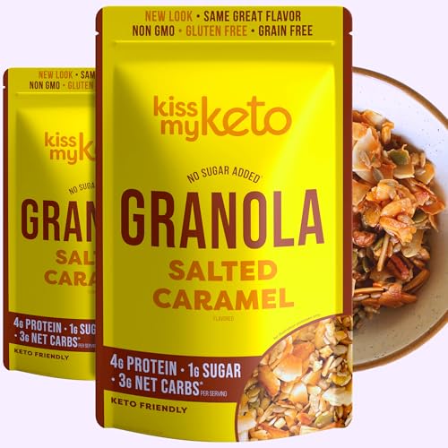 Kiss My Keto Sugar Free Granola, Salted Caramel 2-Pack – Curb Cravings with Few Net Carbs – Allulose Sweetened, Resealable & Gluten-Free Crunchy Clusters – Grain Free Granola Great With Yogurt or Milk