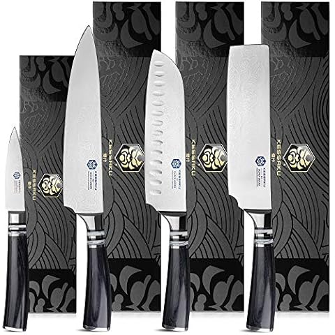 KESSAKU Ronin Collection 4-Knife Set - Forged High Carbon 7Cr17MoV Stainless Steel - 8-Inch Chef, 7-Inch Santoku, 7-Inch Nakiri, 3.5-Inch Paring with Blade Guards Cover