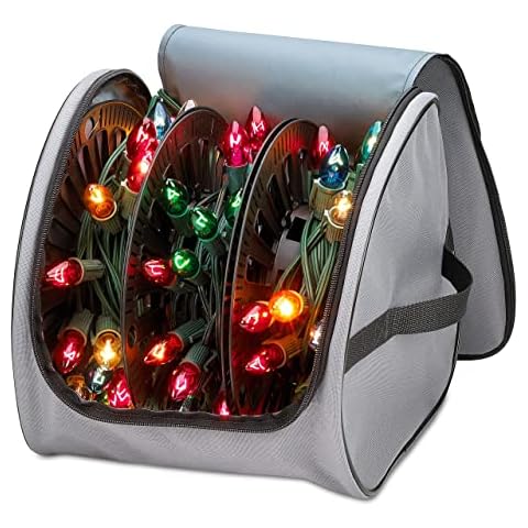 Premium Christmas Light Storage Bag – Heavy Duty Tear Proof 600D/Inside PVC Material with Reinforced Handles - With 3 Reels Stores up to 375 Ft of Mini Christmas Tree Lights & Extension Cords - Gray Cover