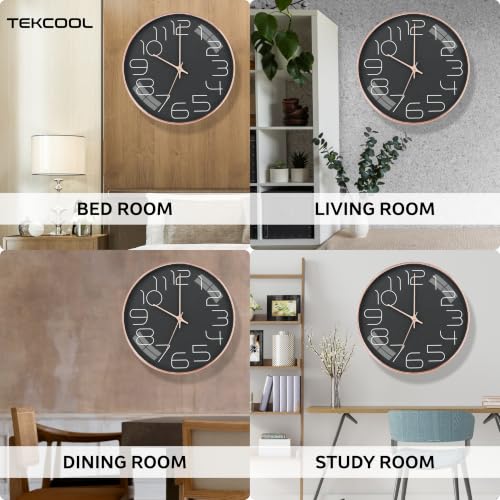 Image of TEKCOOL Plastic Digital Wall Clock 12 inch Silent Quartz Decorative Non-Ticking Classic Clock Battery Operated Round Easy to Read for Room /Home /Kitchen /Bedroom /Office /School-(Black Rosegold)'