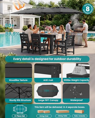 Image of SERWALL 59 inch Outdoor Dining Set for 8, HDPE Dining Set, Black | Include 2 Rectangular Tables and 8 armless Chairs, All Weather Dining Sets for Garden, Backyard