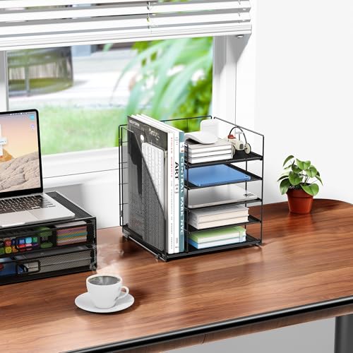 ADO04 Metal Mesh Desk Organizer, 5-Tier Paper Letter Tray with File Holder, Vertical Magazine/File Holder, Desktop Organizer for Office Supplies (Black) image 4