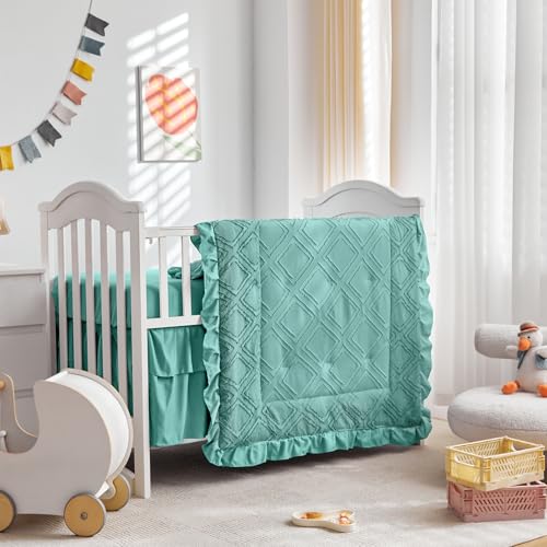 Image of Tufted Ruffle Crib Bedding Set 3 Pieces Baby Girls Boys Boho Quilted Comforter with Fitted Sheet and Bed Skirt - Cute Ruffled Shabby Chic Baby Bedding Soft Blanket Design Teal Blue