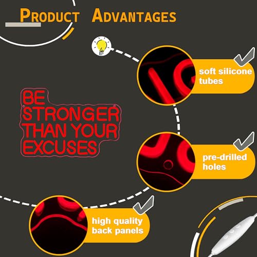 Image of Allball Be Stronger Than Your Excuses Neon Sign, Gym Neon Light Motivational Sign USB Powered LED Dimmable, for Gym Office Classroom Bedroom Bar Gymnastic Athletes Sign(15.7 * 10.6 In)