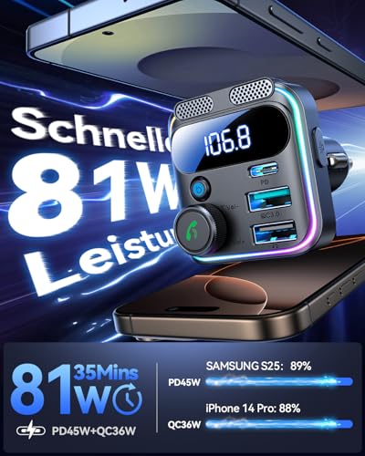 JOYROOM 81W Bluetooth Adapter Auto, 45W PD & Bass Hi-Fi Stereo, 36W QC3.0 & Freisprechanlage,...