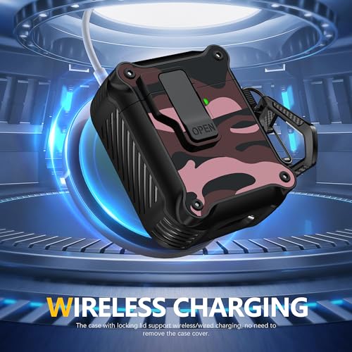 Image of RFUNGUANGO for Airpods 2nd and 1st Generation Protective Cases Automatic Pop-up with Safety Lock Clip, Full Body Shockproof Hard Case with Keychain (Cleaning Tool)-red Camouflage