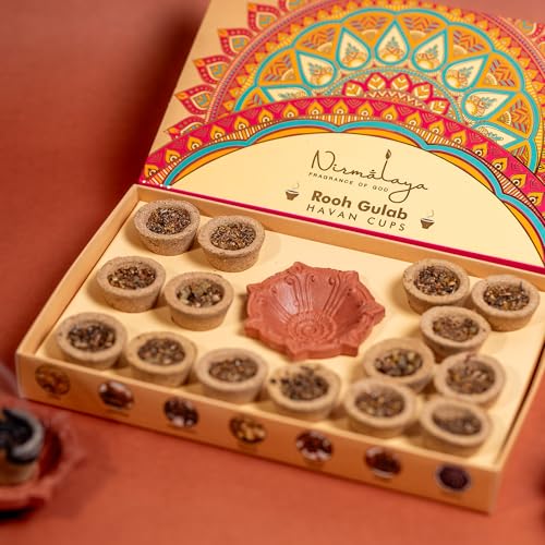 Image of Nirmalaya Premium Organic Rooh Gulab Havan Cups | Pack of 15 + Diya Stand | 25+ Natural Havan Samagri Blend of Flower Powder, Loban & Jatamansi | for Pooja, Meditation, Yoga and Aromatherapy
