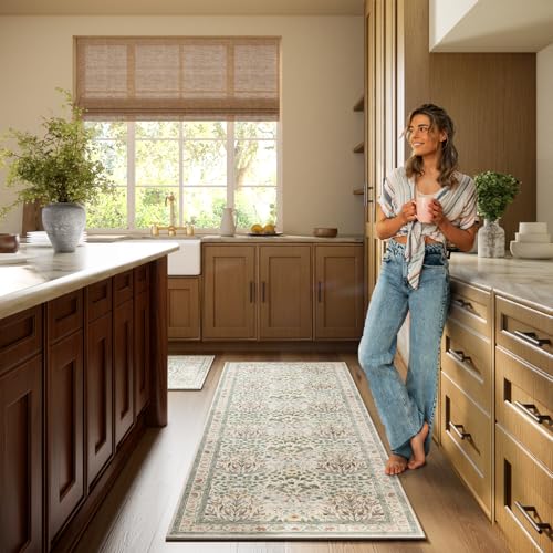 Image of Non-Slip Washable Runner Rug 2x6, Beige & Blue Vintage Design for Hallway, Kitchen, Laundry Room & Bathroom