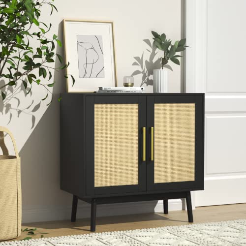 Jozzby Rattan Sideboard Buffet Cabinet, Black Cabinet With Rattan Doors And Adjustable Shelves, Accent Cabinet For Dining Room,Hallway #TOP30