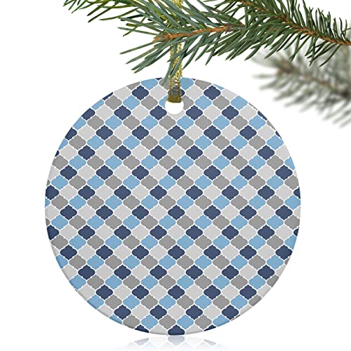 Decorative Hanging Ornaments, Geometric Pattern Minimalist Art Morocco Blue Round Ceramic Ornament Hanging Sign With Ribbon,For Home Decor, 1 Pcs, 3" #TOP9