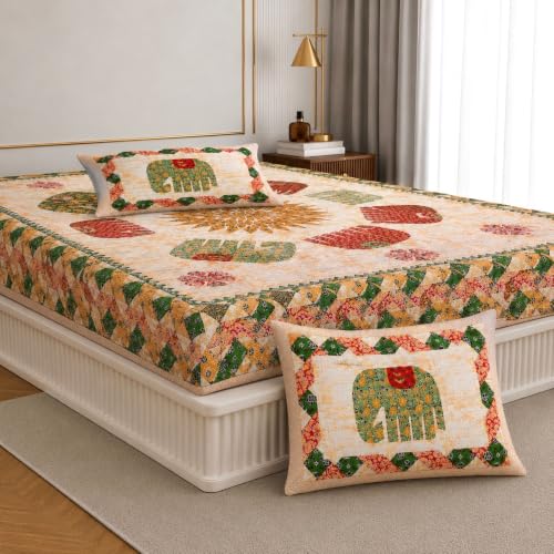 Image of Jaipur Weaves Bedsheet King Size 100% Pure Cotton Bed Sheet with 2 Pillow Covers, 144 TC Premium Bedding Set, 72x78 inches,(Royal Elephants Green, Super King Fitted)