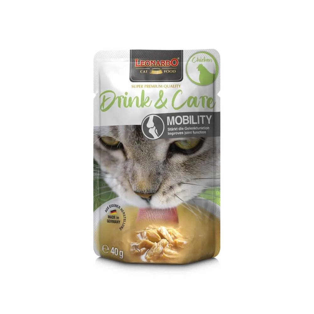 Leonardo Drink & Care Mobility Kurczak, 20 x 40 g, karma dla dorosłych kotów, wspomagająca wchłanianie wilgoci i funkcję stawów