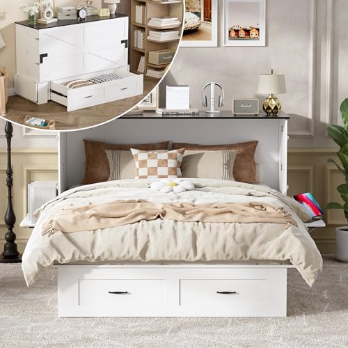 PAKASEPT Queen Murphy Bed - Murphy Cabinet Bed with Storage & Charging Station, Farmhouse Bed Frame with Foldable Panel and Hidden Space, for Living Room, Guest Bedroom