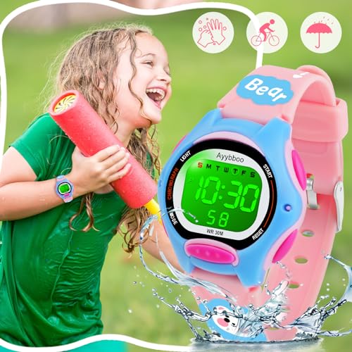 Kids Digital Watches for Girls Boys, 7 Color Lights Waterproof Cute Wristwatches for Kids with Alarm Stopwatch, Great Present for Girls Boys Ages 5-13 Cartoon Pink3